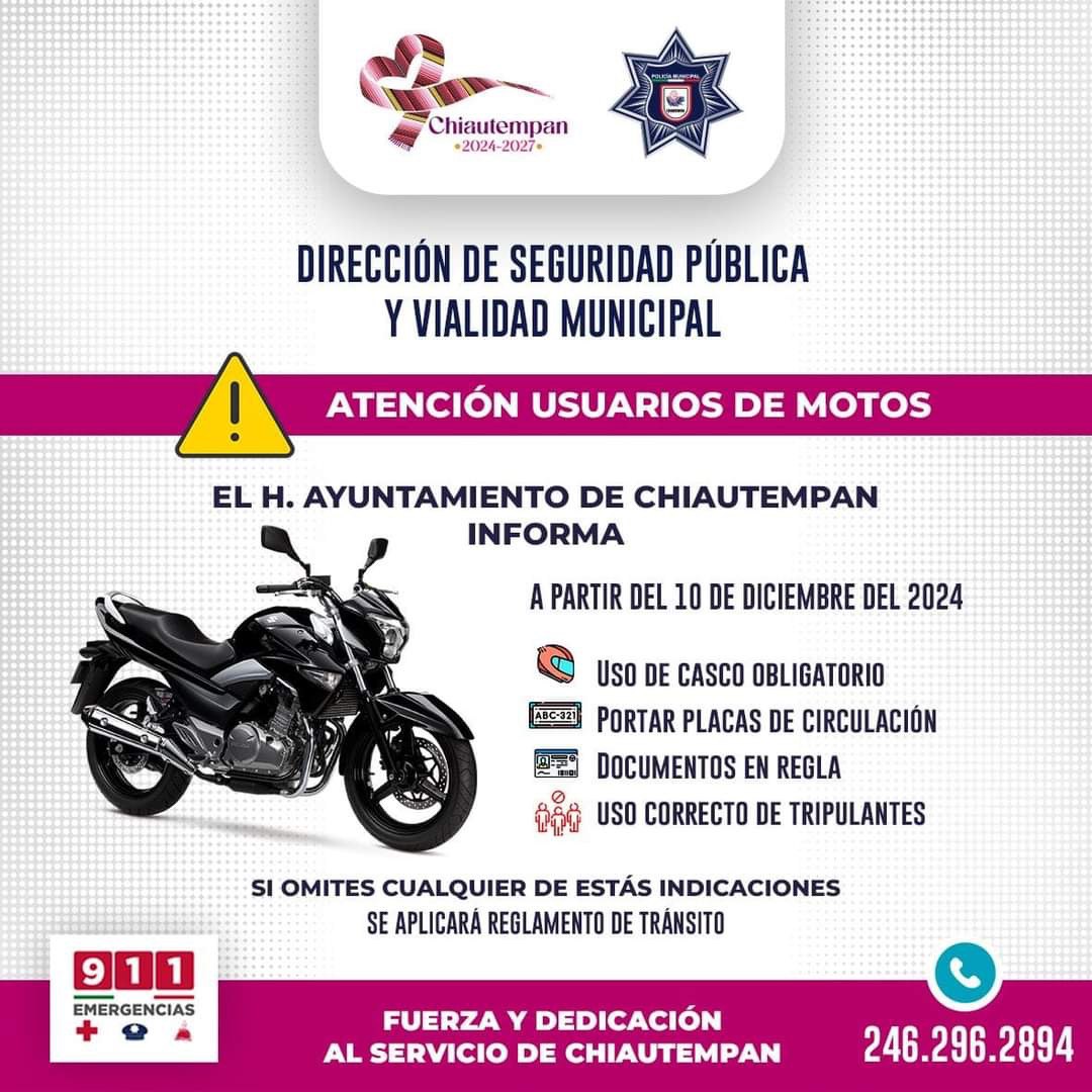 Motociclistas y conductores a respetar reglas de vialidad en Chiautempano habrá sanciones