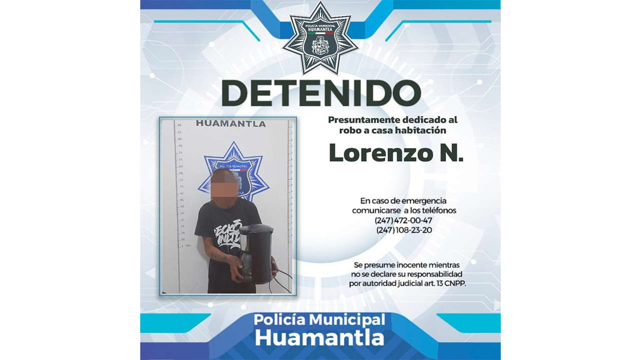 Captura policía de Huamantla a presunto delincuente dedicado al robo de casa-habitación