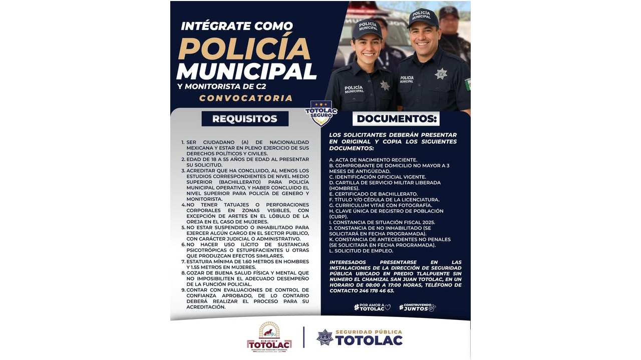 Gobierno Municipal de Totolac lanza convocatoria para integrar la Policía Municipal