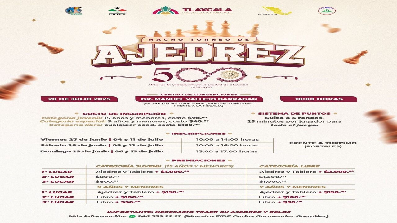 Ayuntamiento de Tlaxcala invita al magno torneo de ajedrez en el marco de los 500 años de la fundación de la ciudad