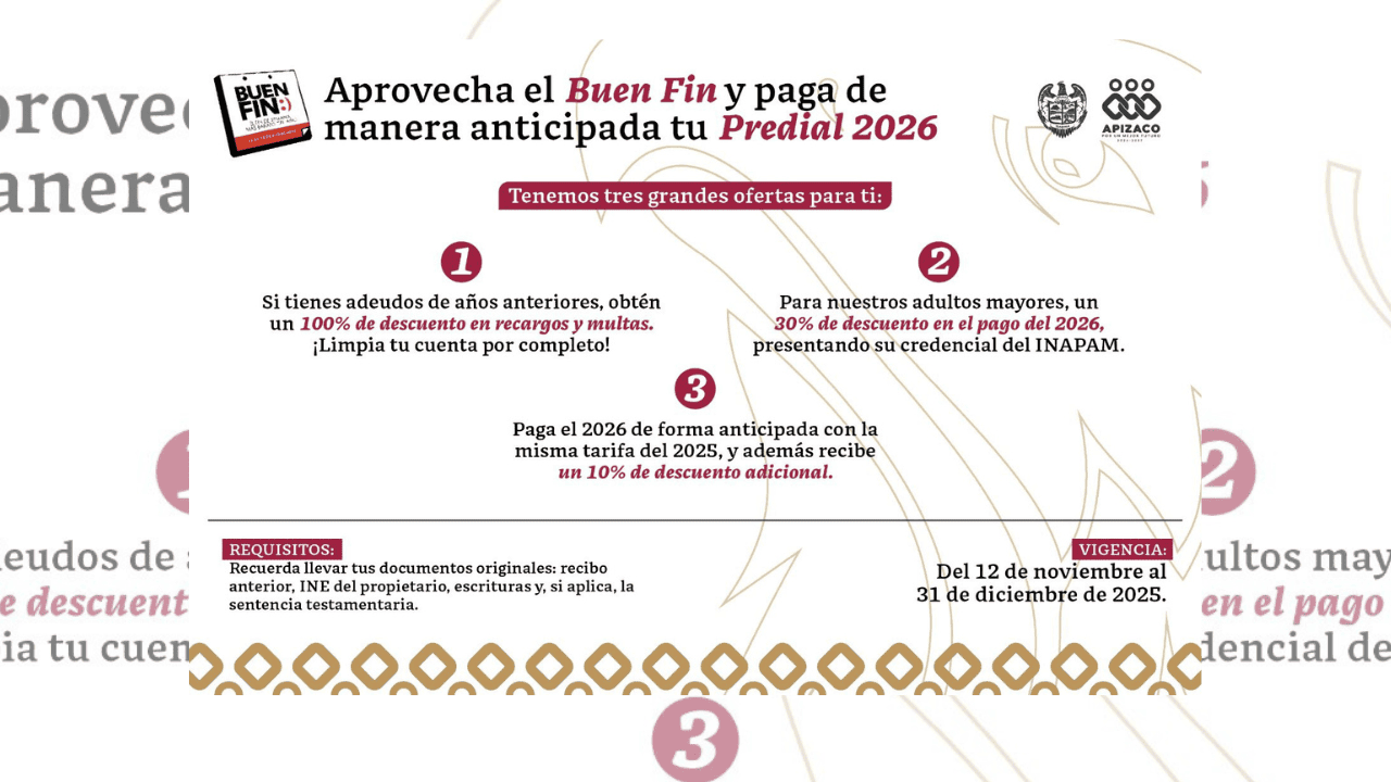Lanza ayuntamiento de Apizaco campaña de pago anticipado del predial 2026 con grandes descuentos por el buen fin