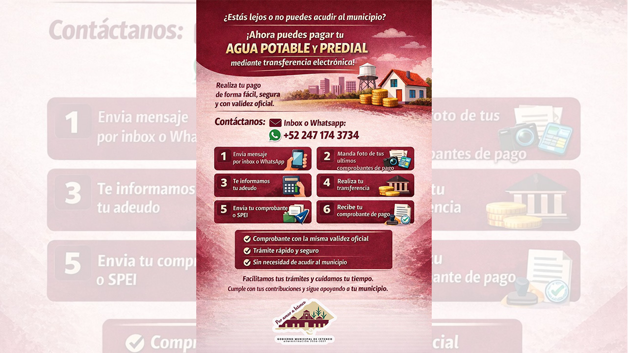Gobierno Municipal de Ixtenco habilita pago de agua y predial mediante transferencia electrónica