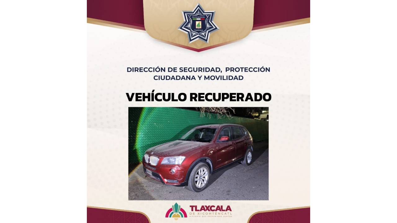Recupera Policía Municipal de Tlaxcala vehículo de alta gama con reporte de robo