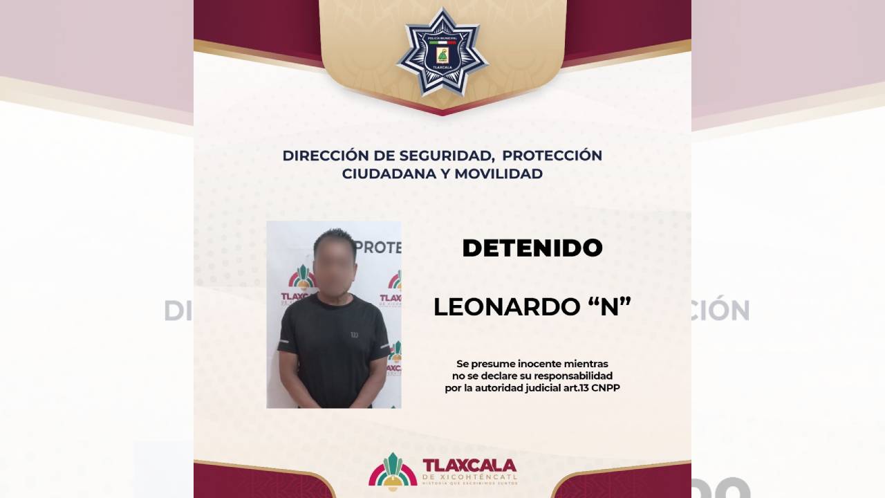 Policía municipal de Tlaxcala detiene a un hombre por alterar el orden público en San Hipólito Chimalpa