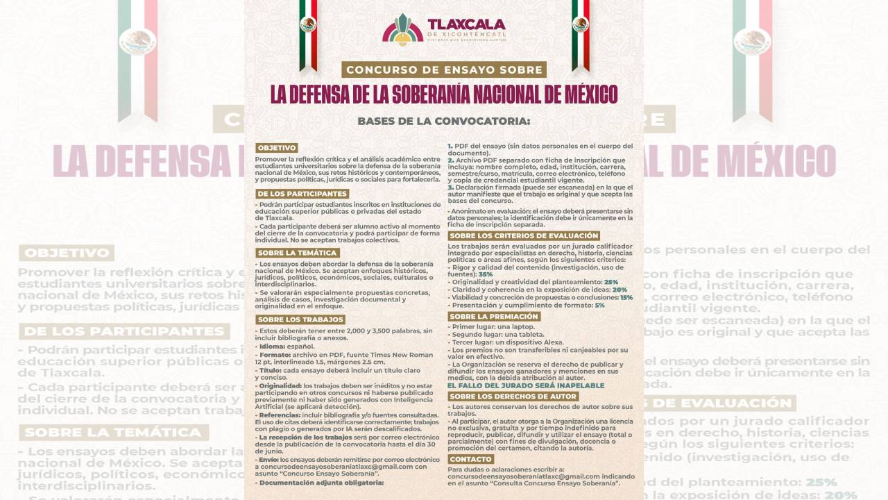 Gobierno municipal de Tlaxcala convoca a concurso de ensayo sobre la defensa de la soberanía nacional