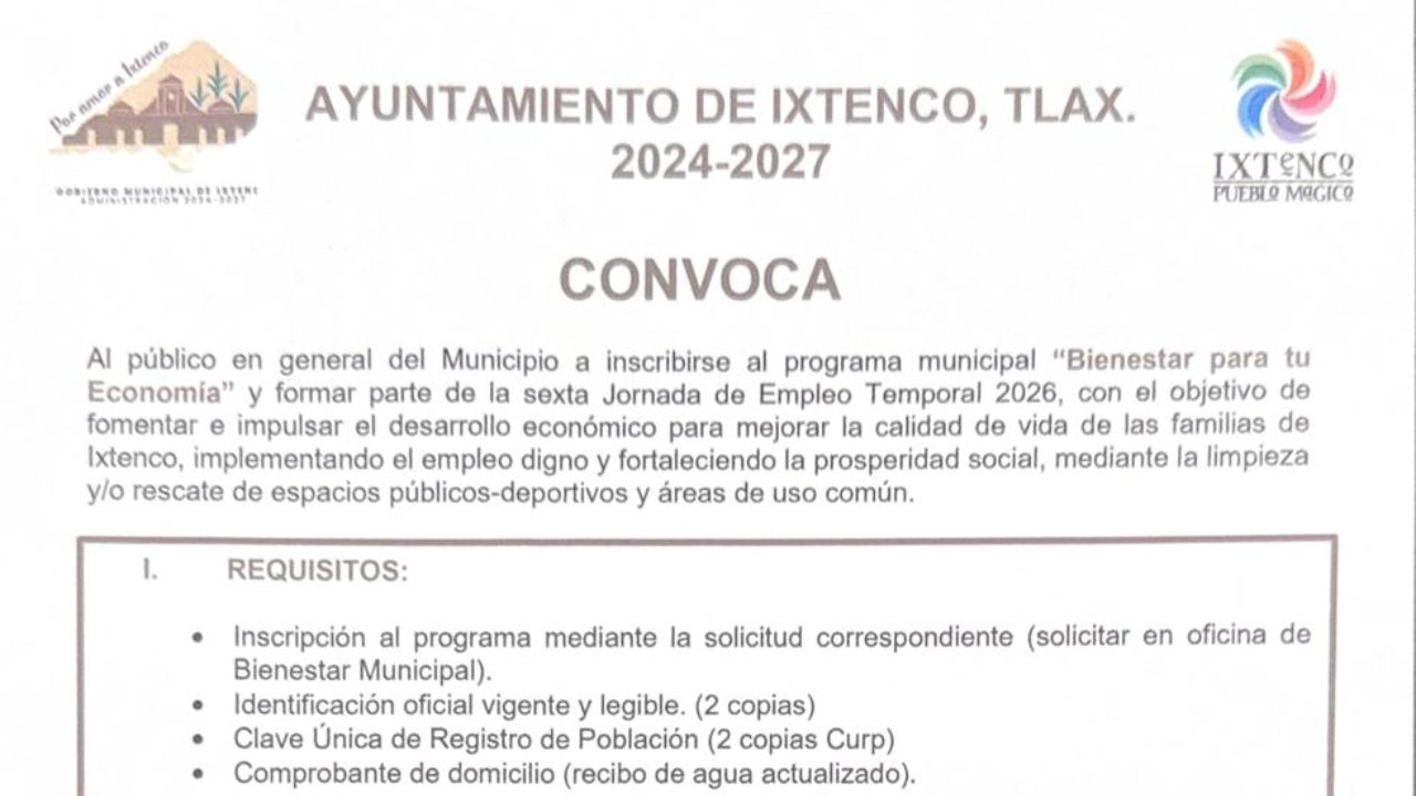 Gobierno de Ixtenco abre convocatoria para la sexta jornada de empleo temporal 2026