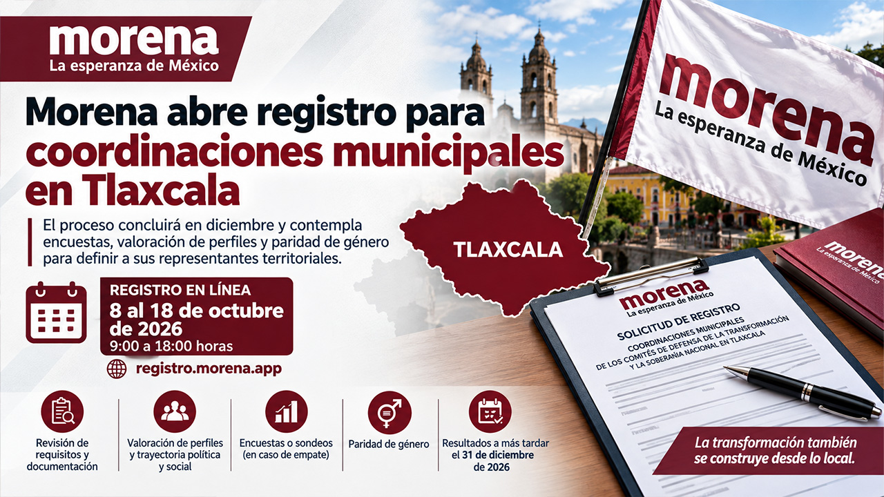 Morena abre registro para coordinaciones municipales en Tlaxcala; proceso concluirá en diciembre