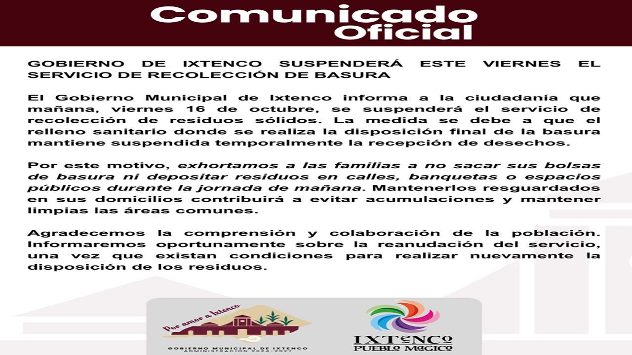 Gobierno de Ixtenco suspenderá este viernes el servicio de recolección de basura